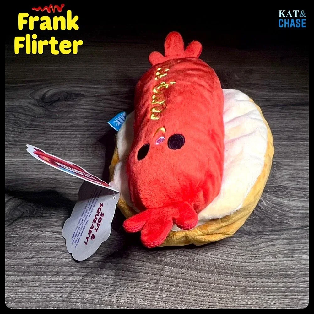 NWT Bark Box Frank Flirter L Dog Toy Large Barkyard BBQ Crinkle Squeak Hot Dog